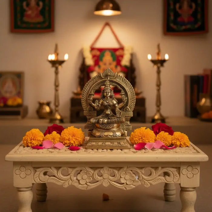 Majestic Brass Lakshmi Devi Idol - Seated Goddess Sculpture   Brass Ware