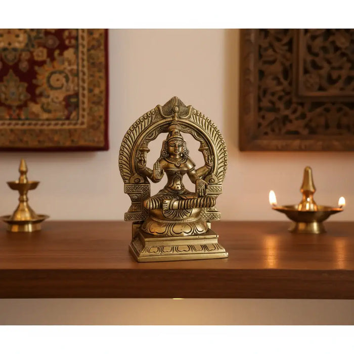 Majestic Brass Lakshmi Devi Idol - Seated Goddess Sculpture   Brass Ware