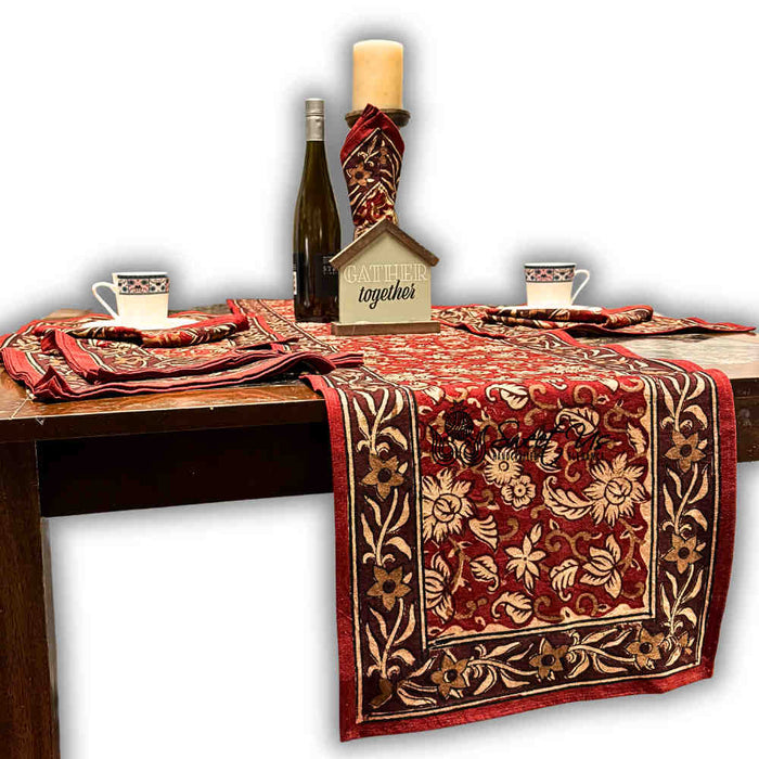 Marigold Radiance Floral Cotton Block Print Table Runner, Ruby Terracotta - Sweet Us