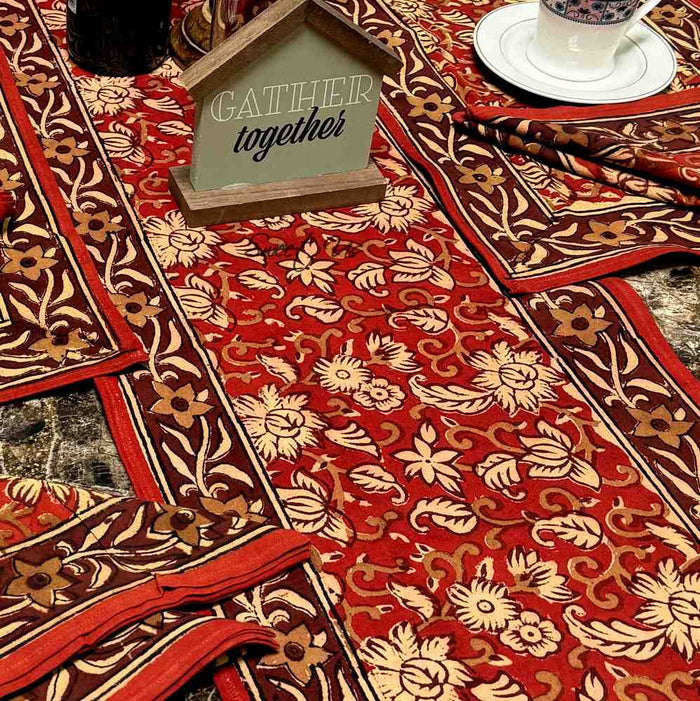 Marigold Radiance Floral Cotton Block Print Table Runner, Ruby Terracotta - Sweet Us