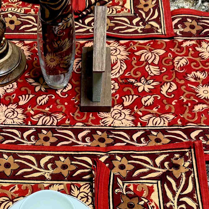 Marigold Radiance Floral Cotton Block Print Table Runner, Ruby Terracotta - Sweet Us