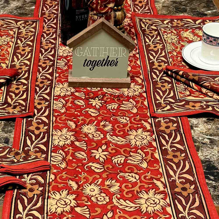 Marigold Radiance Floral Cotton Block Print Table Runner, Ruby Terracotta - Sweet Us