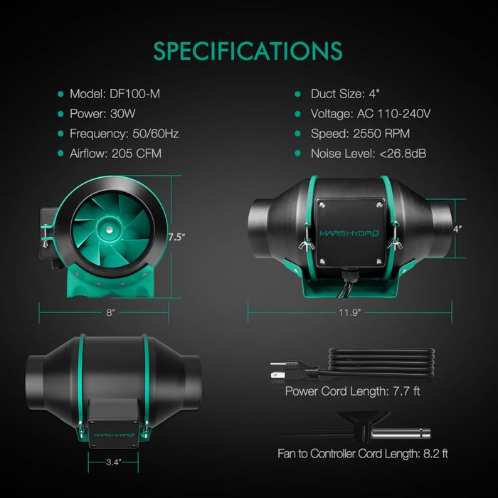 Mars Hydro iFresh 4" Inline Duct Fan Kit with Speed Controller