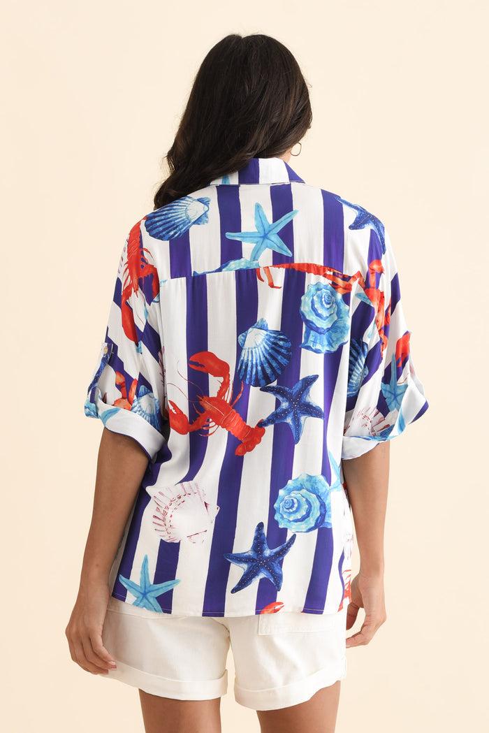 May Blue Beach Collared Shirt,Brunette model,alt text|model:Brontie