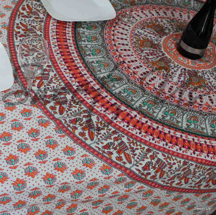 Elephant Mandala Cotton Tablecloth Rectangle Bed Sheet Full Blue Green Red - Sweet Us