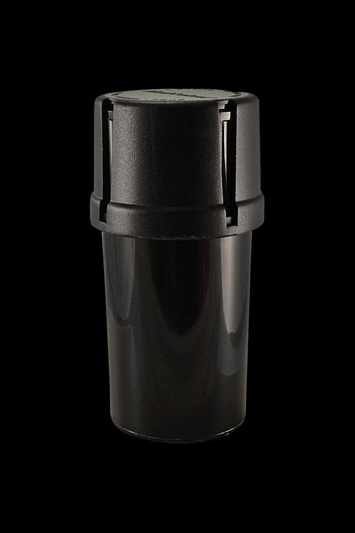 Front view of the Medtainer Air-Tight Herb Container with Grinder, a black container with a secure screw-on lid.