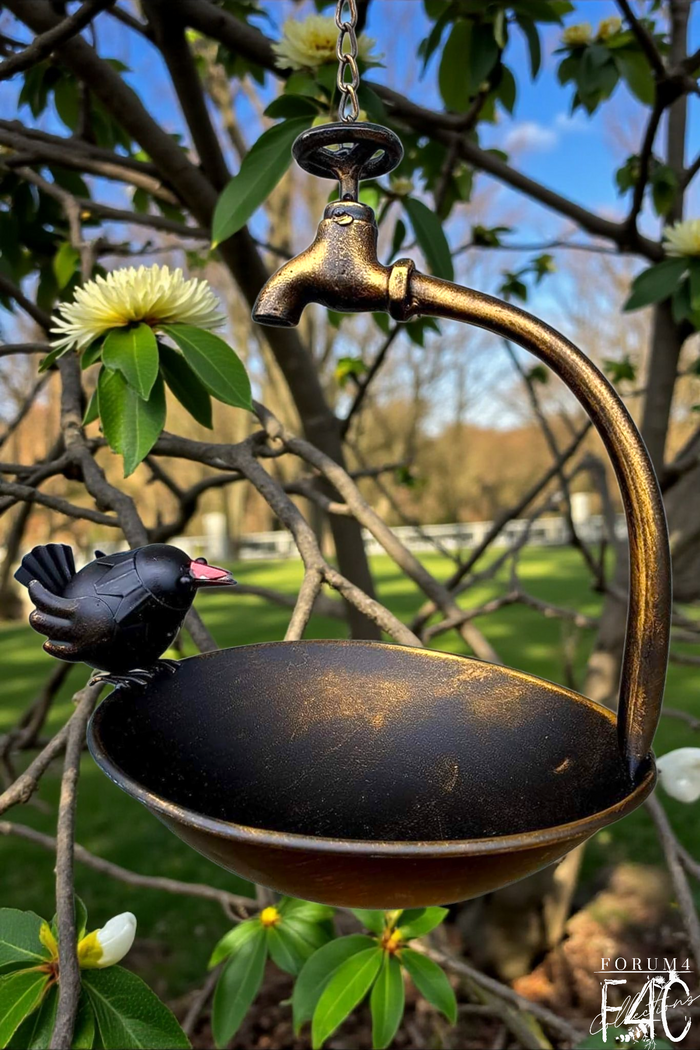 METAL TAP BIRD FEEDER WITH BIRD - BRONZE & BLACK