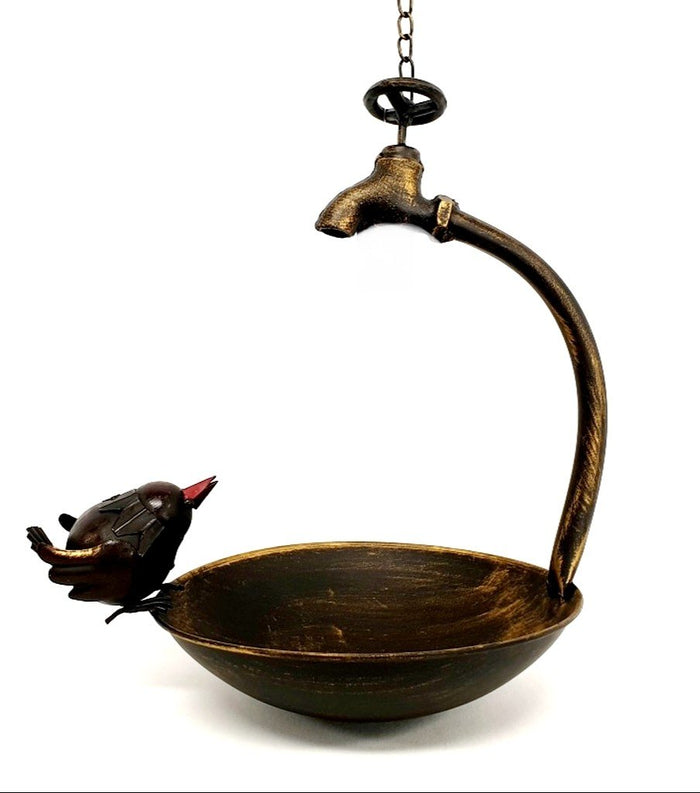 METAL TAP BIRD FEEDER WITH BIRD - BRONZE & BLACK