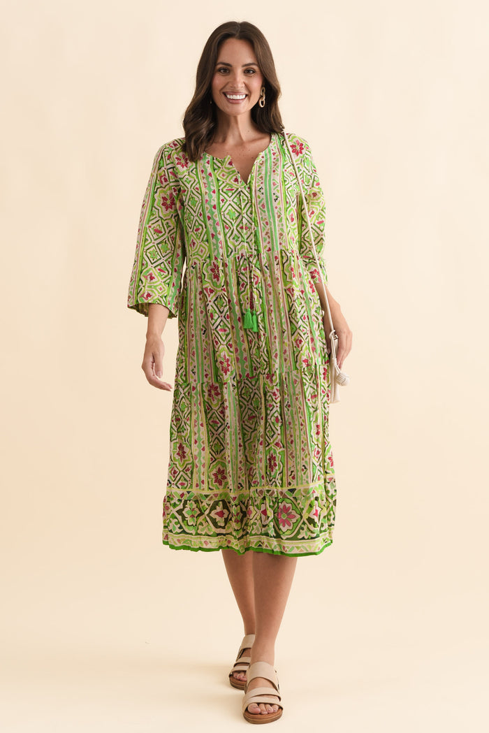 Milana Green Abstract Crinkle Cotton Dress,Brunette model,alt text|model:MJ