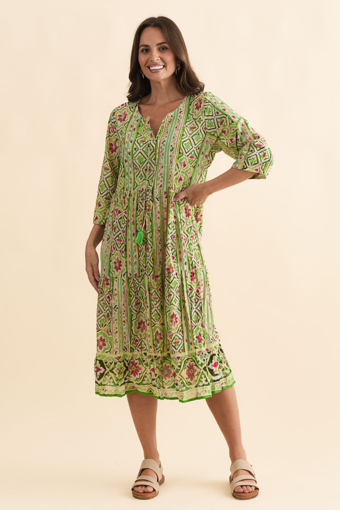 Milana Green Abstract Crinkle Cotton Dress,Brunette model,alt text|model:MJ