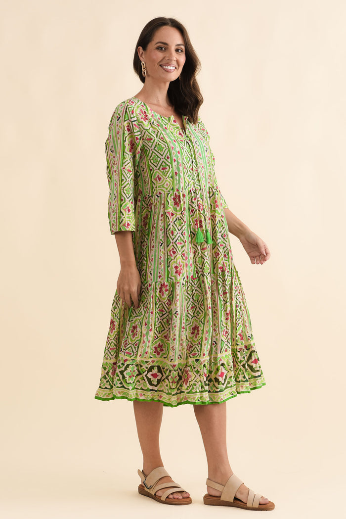 Milana Green Abstract Crinkle Cotton Dress,Brunette model,alt text|model:MJ