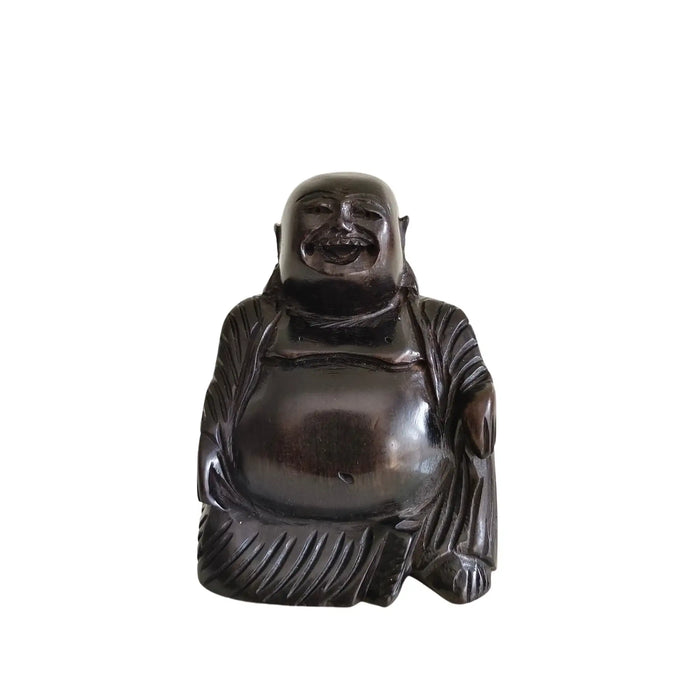 Miniature Dark Wood Laughing Buddha Figurine   Wooden Decorative