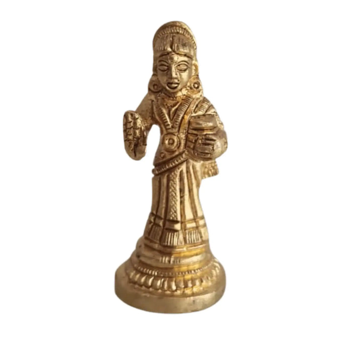 Miniature Goddess Annapoorna Idol in golden brass, a dispenser of nourishment.