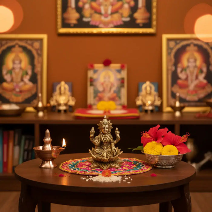 Miniature Golden Brass Idol of Goddess Lakshmi Seated on a Lotus   Brass Ware