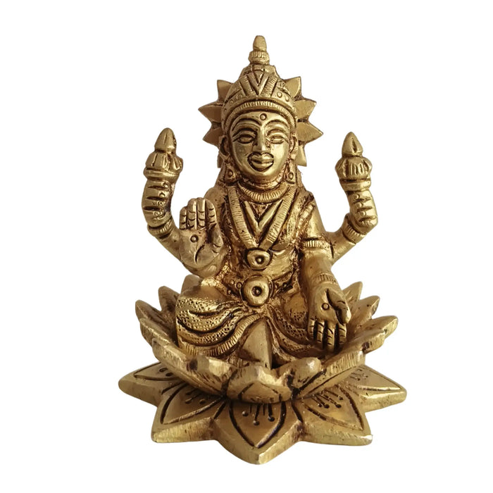 Miniature Golden Brass Idol of Goddess Lakshmi Seated on a Lotus   Brass Ware