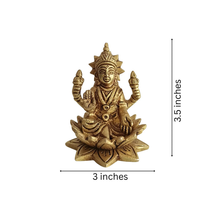 Miniature Golden Brass Idol of Goddess Lakshmi Seated on a Lotus   Brass Ware