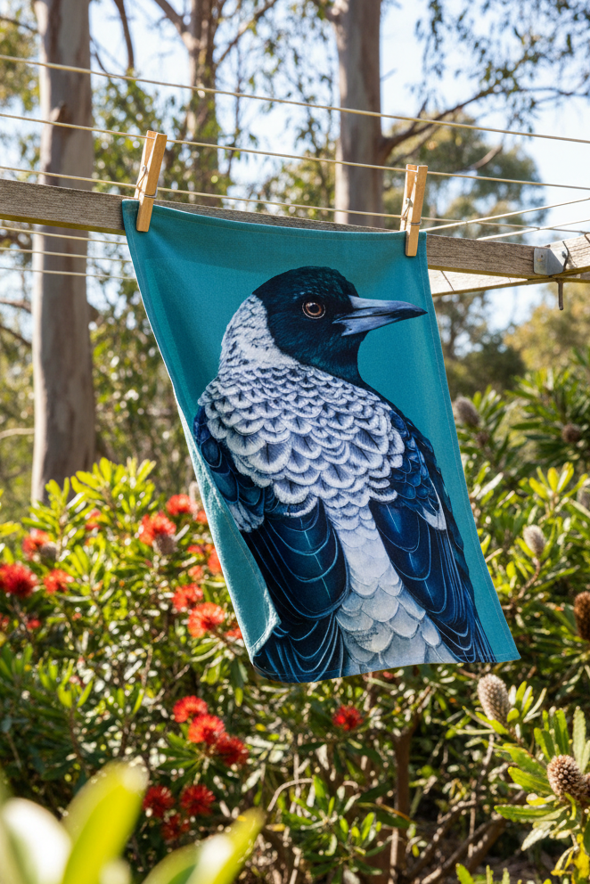 MODERN BIRDS ARTIST COTTON TEA TOWEL - MAGPIE