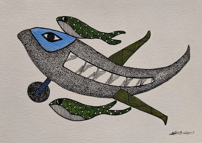 Modern Gond Painting – Sky Wanderer and Bird Companions   Paintings