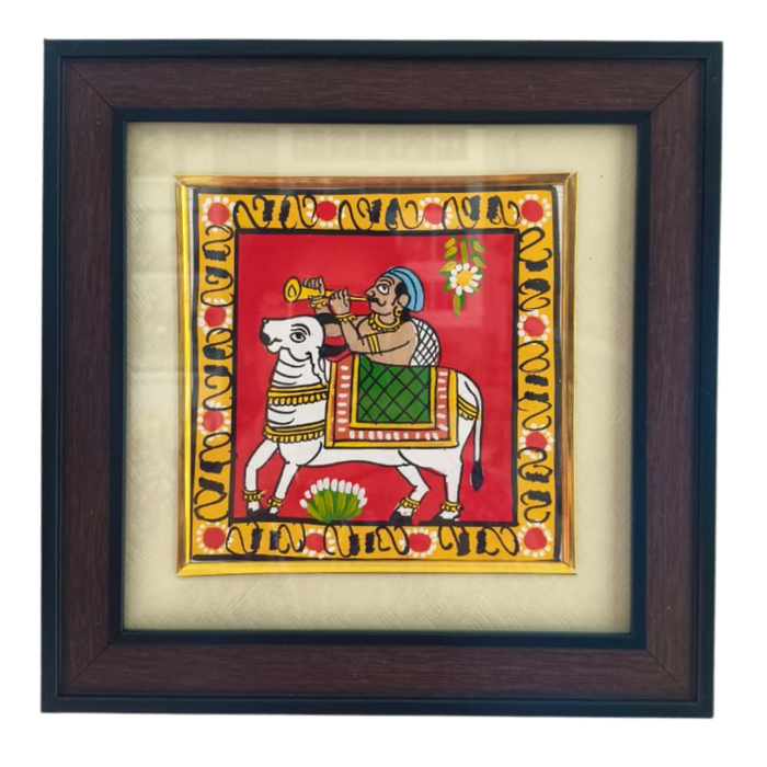 Musician on White Bull (Basava) - Traditional Cheriyal Folk Painting   Cheriyala Painting