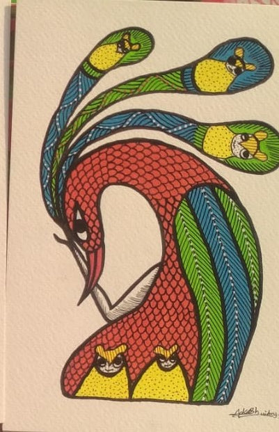Mystic Bird Card Vibrant Tribal Peacock-Inspired Design - Gond Painting   Paintings