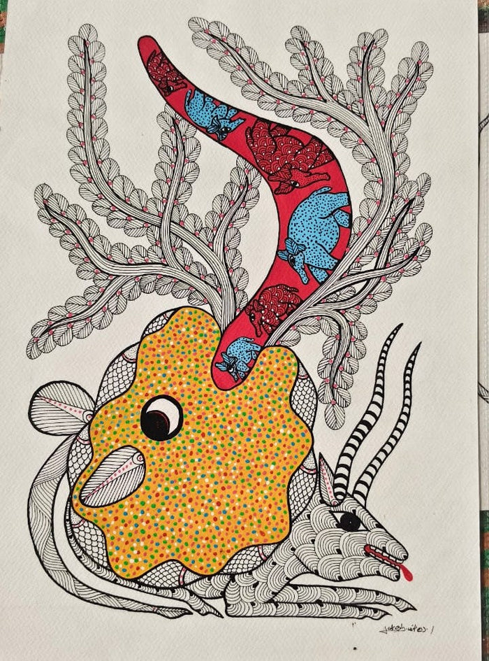 Mystic Horned Spirit Design - Authentic Gond Folk Art   Paintings