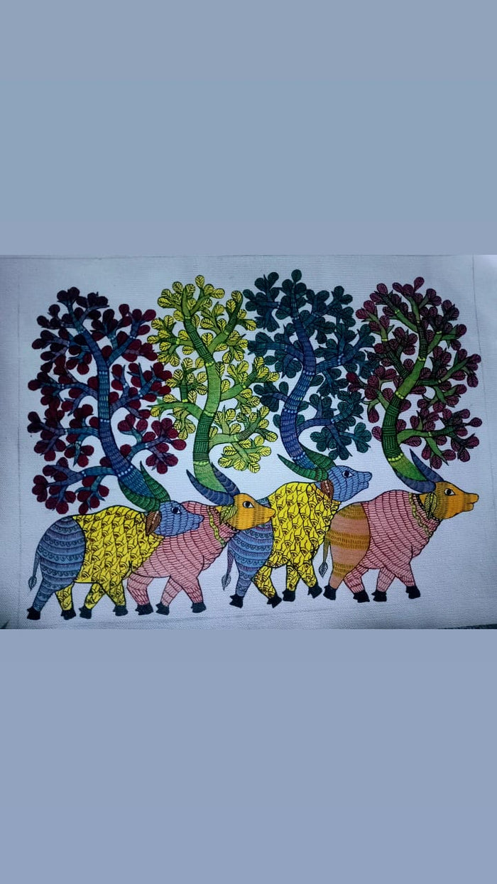 Mythical Bulls of the Verdant Forest – Gond Painting   Paintings