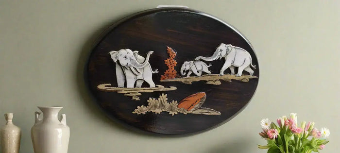 Nature’s Bond - Elephant Family in Oval Rosewood Inlay   Inlay Art