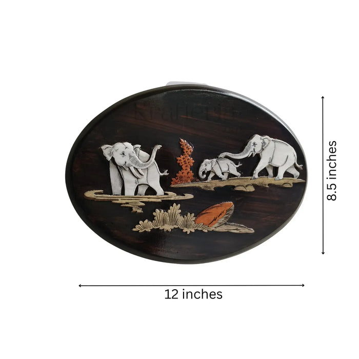 Nature’s Bond - Elephant Family in Oval Rosewood Inlay   Inlay Art