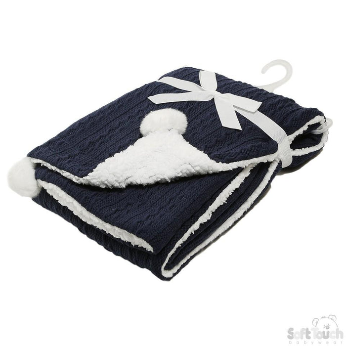 NAVY CABLE KNIT WRAP W/POM POM : FBP188-N - Kidswholesale.co.uk