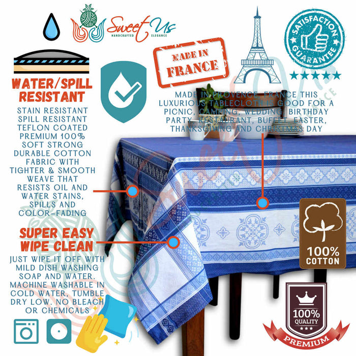 Wipeable Spill Resistant French Floral Cotton Jacquard Tablecloth Sapphire Blue - Sweet Us