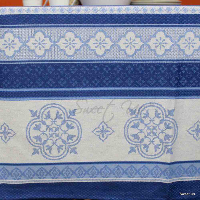 Wipeable Spill Resistant French Floral Cotton Jacquard Tablecloth Sapphire Blue - Sweet Us