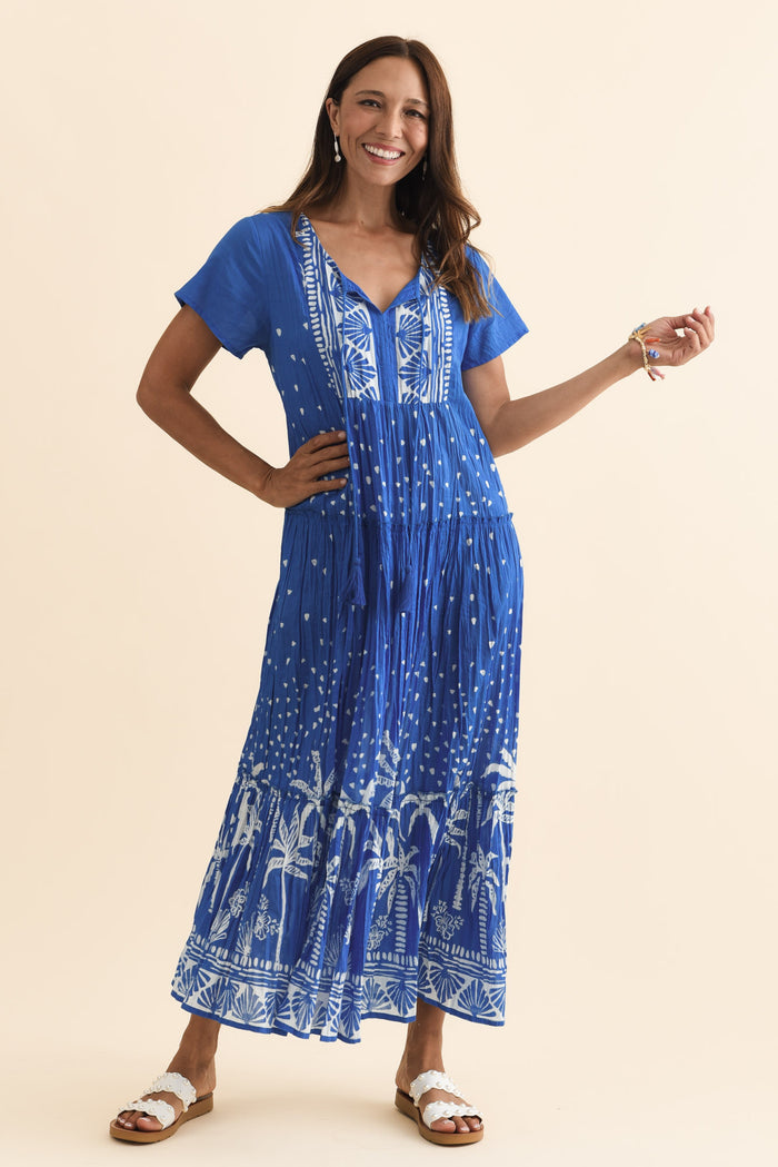 Nona Cobalt Palm Crinkle Cotton Maxi Dress,Brunette model,alt text|model:Cara