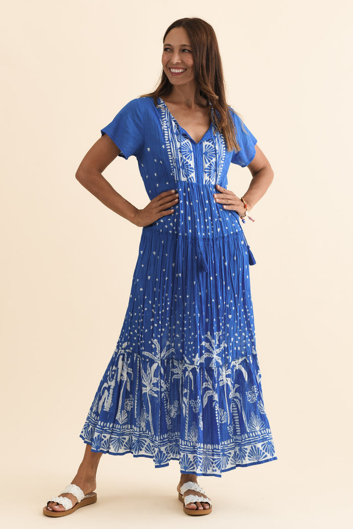 Nona Cobalt Palm Crinkle Cotton Maxi Dress,Brunette model,alt text|model:Cara