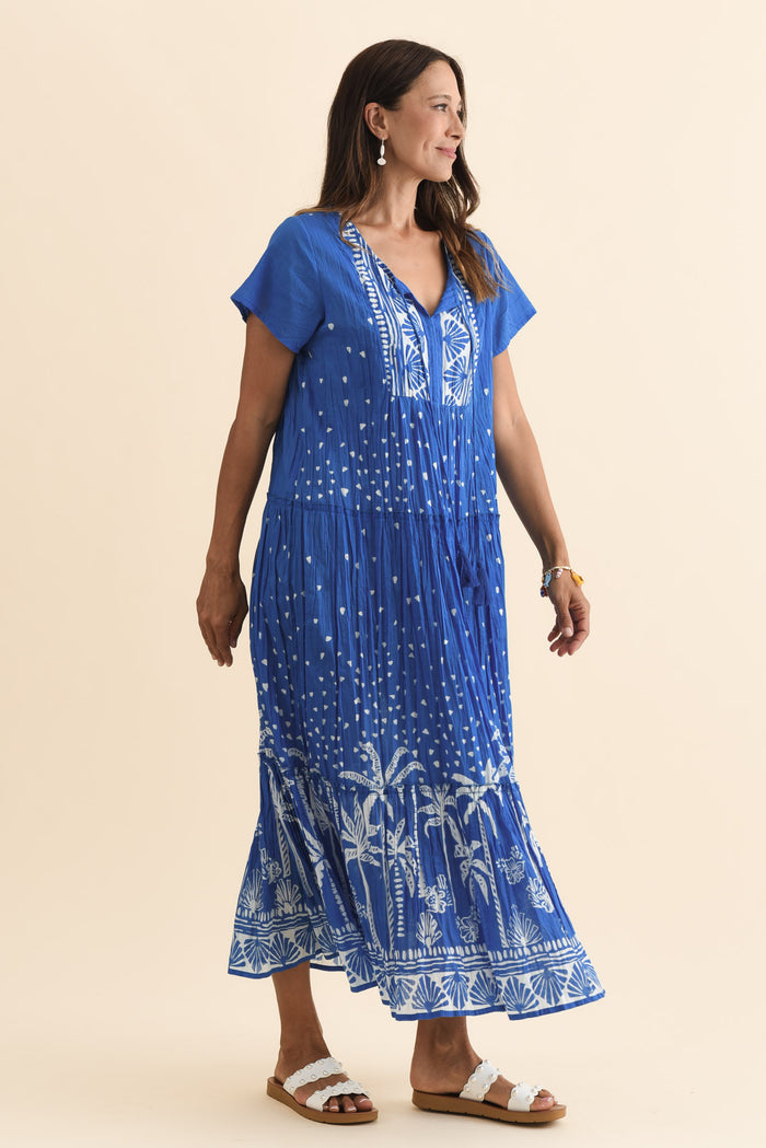 Nona Cobalt Palm Crinkle Cotton Maxi Dress,Brunette model,alt text|model:Cara