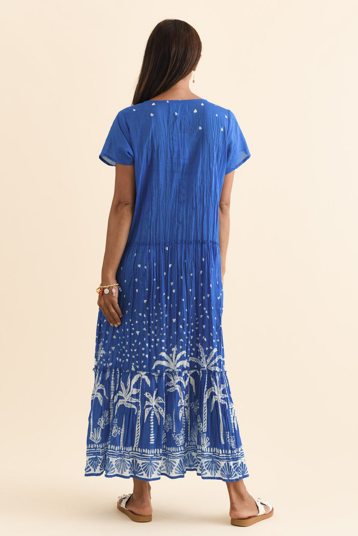 Nona Cobalt Palm Crinkle Cotton Maxi Dress,Brunette model,alt text|model:Cara
