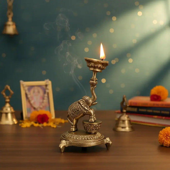 Ornate Brass Elephant Diya/Candle Holder – Traditional Oil Lamp for Home Temple & Festive Décor   Brass Ware