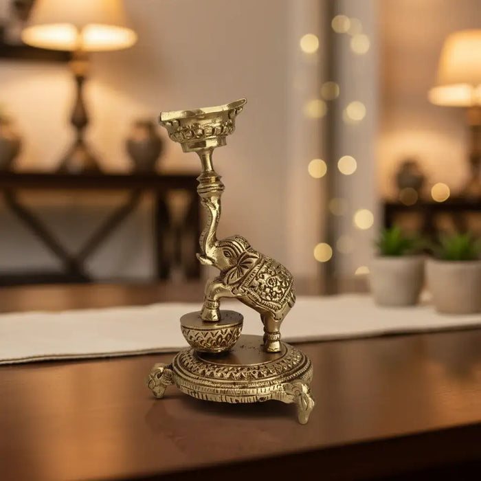 Ornate Brass Elephant Diya/Candle Holder – Traditional Oil Lamp for Home Temple & Festive Décor   Brass Ware