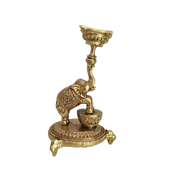 Ornate Brass Elephant Diya/Candle Holder – Traditional Oil Lamp for Home Temple & Festive Décor   Brass Ware