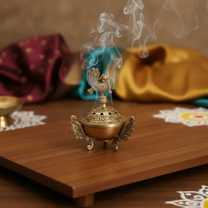 Ornate Handcrafted Brass Peacock Dhoop Dani / Incense Burner with Antique Finish   Brass Ware