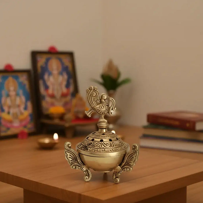 Ornate Handcrafted Brass Peacock Dhoop Dani / Incense Burner with Antique Finish   Brass Ware