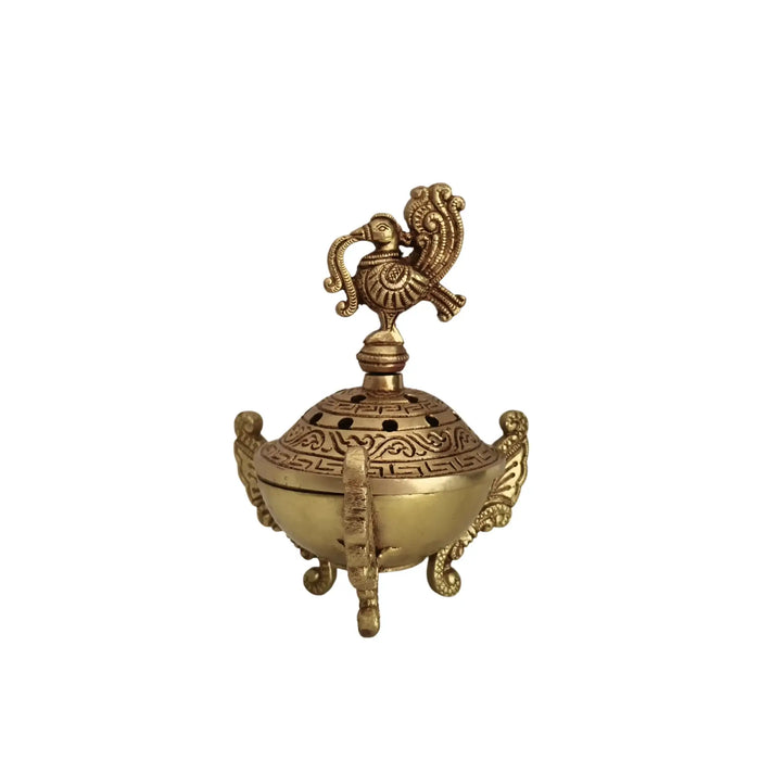 Ornate Handcrafted Brass Peacock Dhoop Dani / Incense Burner with Antique Finish   Brass Ware