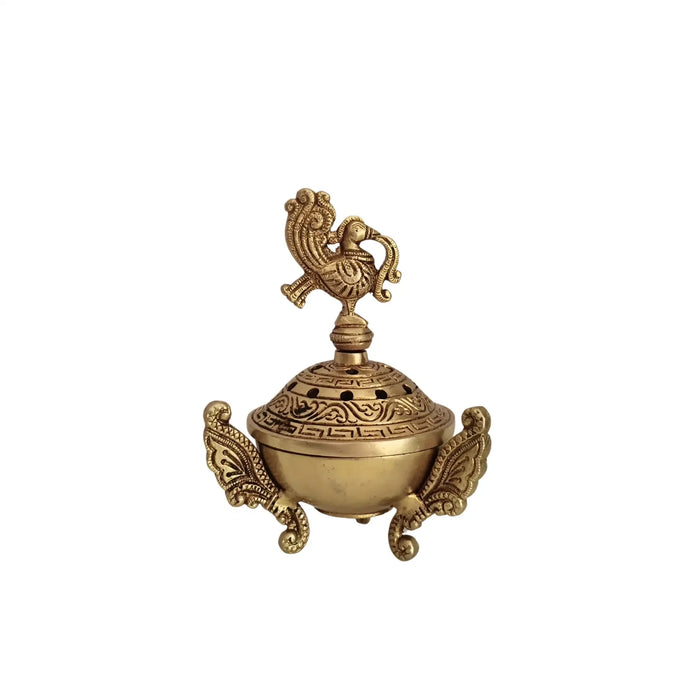 Ornate Handcrafted Brass Peacock Dhoop Dani / Incense Burner with Antique Finish   Brass Ware