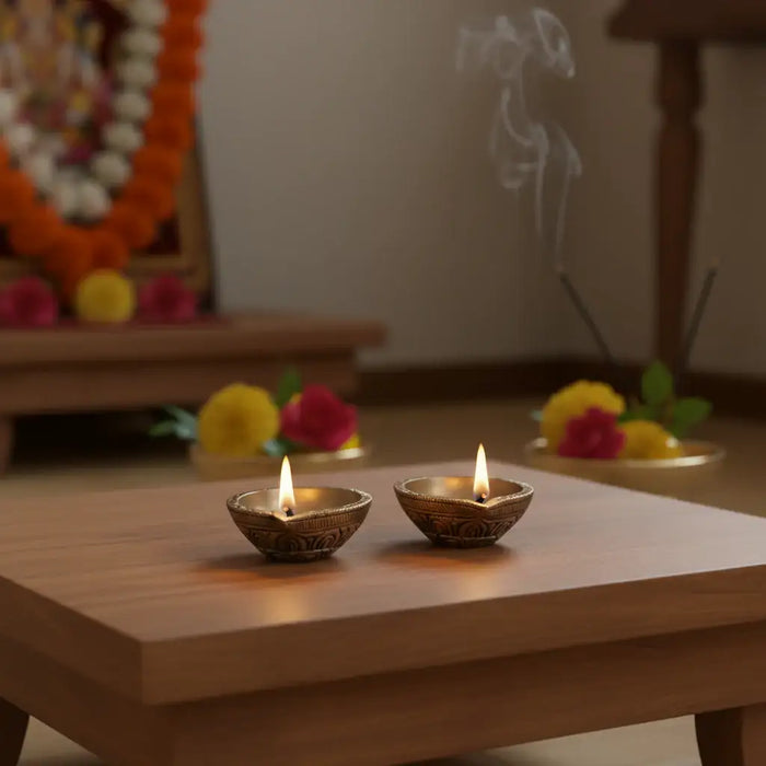 Pair Classic Brass Diya - Hand-Etched Traditional Oil Lamp for Puja   Brass Ware