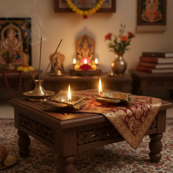 Auspicious pair of Swastik diyas in brass, traditional Indian oil lamps.