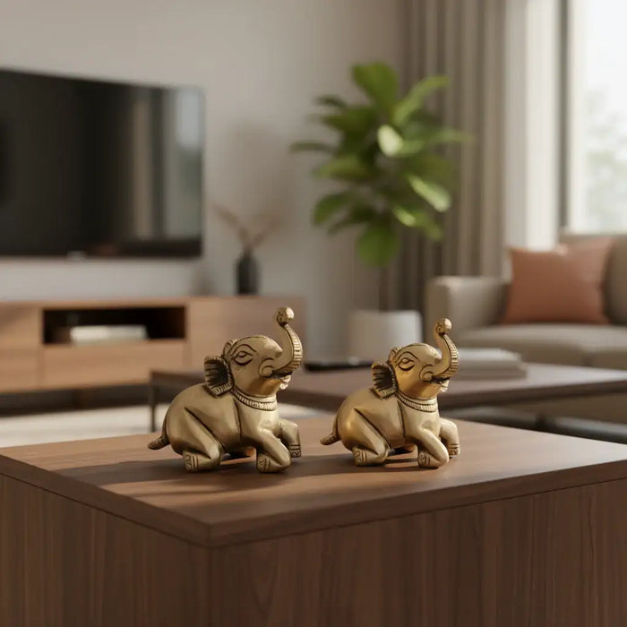 Pair of Handcrafted Brass Elephant Figurines Trunk Up Lucky Elephant Decor   Brass Ware