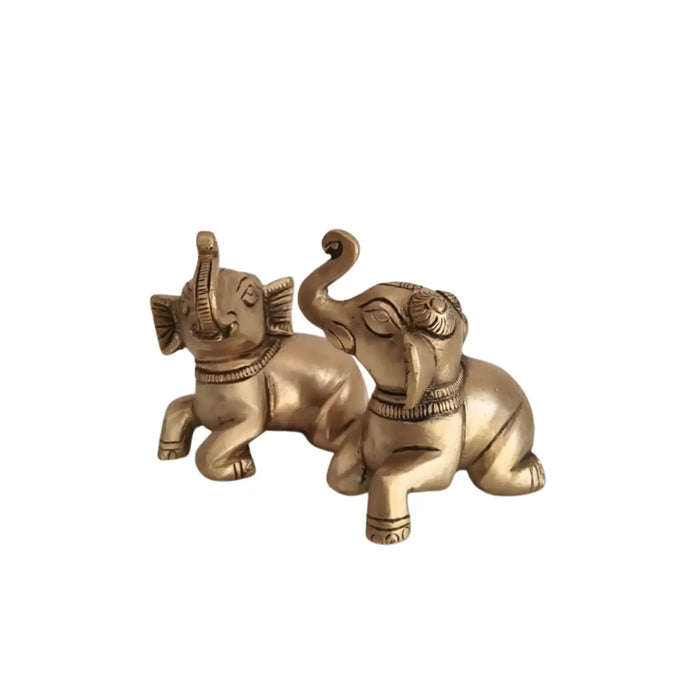 Pair of Handcrafted Brass Elephant Figurines Trunk Up Lucky Elephant Decor   Brass Ware