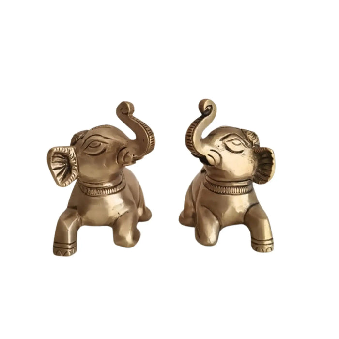 Pair of Handcrafted Brass Elephant Figurines Trunk Up Lucky Elephant Decor   Brass Ware