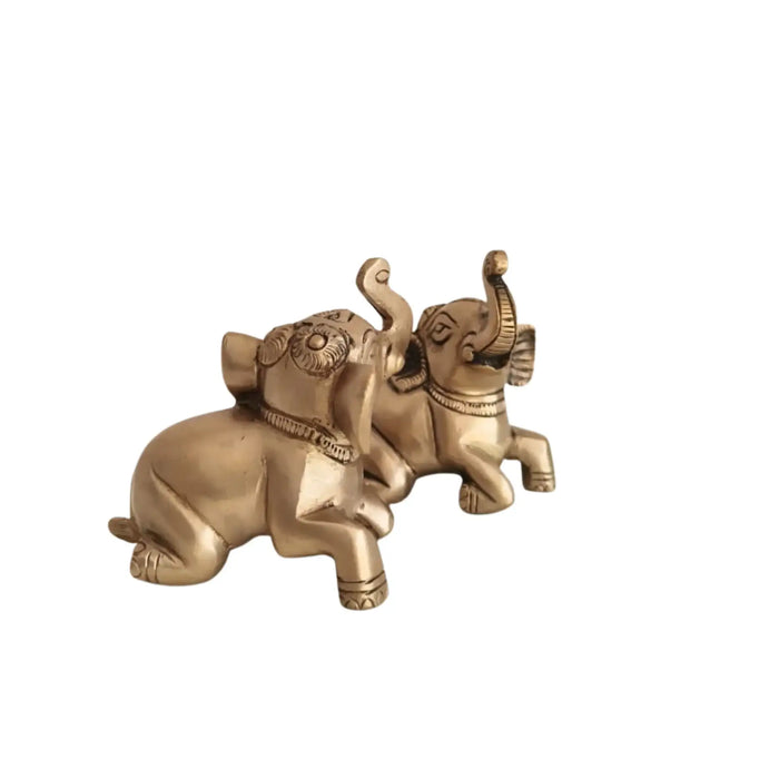 Pair of Handcrafted Brass Elephant Figurines Trunk Up Lucky Elephant Decor   Brass Ware