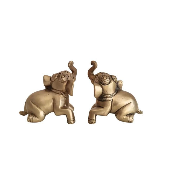 Pair of Handcrafted Brass Elephant Figurines Trunk Up Lucky Elephant Decor   Brass Ware