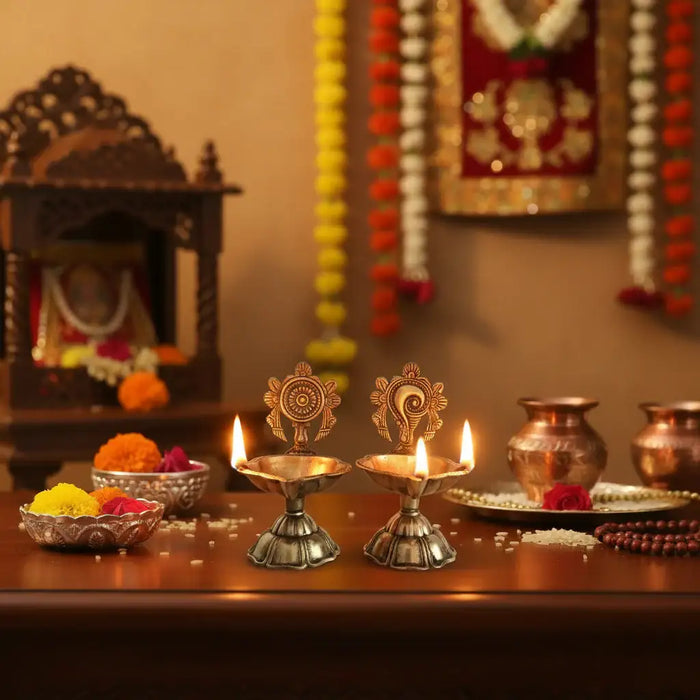 Pair of Ornate Brass Standing Diyas - Traditional Oil Lamps with Auspicious Symbols   Brass Ware